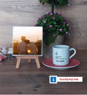 Eşe Hediye Fotoğraflı Dekoratif Taş, Ahşap Altlıklı Türk Kahvesi Fincanı Hediye (Model 6)