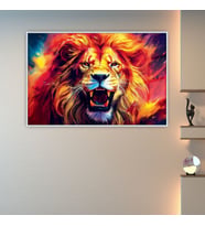 Metal Çerçeveli Yatay Cam Sarı Kırmızı Kükreyen Aslan (Gümüş)