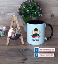 Erkek Polis Kupa Bardak Beyaz ve Fotoğraflı Ahşap Anahtarlık Hediye (Model 11)