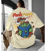 AMOR MAN ÖZEL TASARIM PLANT WORLD MANTAR SIRT BASKILI SOKAK MODASI OVERSİZE ERKEK T-SHIRT (Bej)