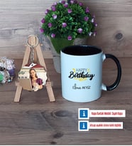 Happy Birthday Kupa Bardak Beyaz ve Fotoğraflı Ahşap Anahtarlık Hediye (Model 11)