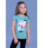 Toontoy Kız Çocuk Tavşan Baskılı Pul İşlemeli Tişört (Yeşil)