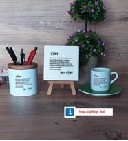 Amcaya Hediye Hediye Seti Dekoratif Taş, Kalemlik, Ahşap Altlıklı Türk Kahvesi Fincanı Hediye (Model 9)