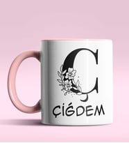 Kişiye Özel Ç Harfi Romantik Tasarım Siyah Renk Kupa (Pembe)