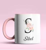 Kişiye Özel S Harfi Temalı Gül Tasarım Siyah Renk Kupa (Pembe)