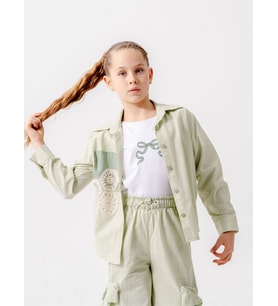 Kız Çocuk Cep Garnili Gömlek T-Shirt İkili Takım 1808 (Yeşil)
