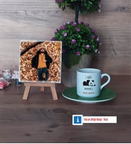 Sevimli Panda Fotoğraflı Dekoratif Taş, Ahşap Altlıklı Türk Kahvesi Fincanı Hediye (Model 9)