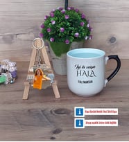 Halaya Hediye Kupa Bardak Beyaz ve Fotoğraflı Ahşap Anahtarlık Hediye (Model 10)