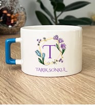 Kişiye Özel Çiçekli T Harfli Hediye Lüks Fincan İsim Soyisim Yazılı (Mavi)