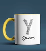 Kişiye Özel Y Harfi Temalı Kara Kalem Tasarım Siyah Renk Kupa (Sarı)
