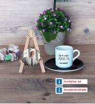 Amcaya Hediye Türk Kahvesi Fincanı Ahşap Altlıklı ve Fotoğraflı Ahşap Anahtarlık Hediye (Model 7)