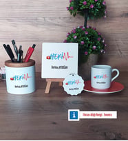 Hekim Hediye Seti Dekoratif Taş, Kalemlik, Ahşap Altlıklı Türk Kahvesi Fincanı, Ahşap Anahtarlık Hediye (Model 8)