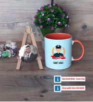 Erkek Polis Kupa Bardak Beyaz ve Fotoğraflı Ahşap Anahtarlık Hediye (Model 13)