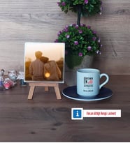 Sevgiliye Hediye Fotoğraflı Dekoratif Taş, Ahşap Altlıklı Türk Kahvesi Fincanı Hediye (Model 4)
