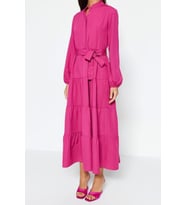Moda Rahat Casual Günlük Terrycotton Dokuma Dik Yaka Uzun Kol Basic Maxi Boy Tesettür Elbise (Pembe)