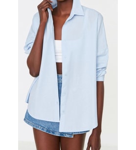 Moda Kadın Gömlek Yaka Düz Desen Günlük Pamuklu Oversize Geniş Kalıp Dokuma Gömlek (Açık Mavi)