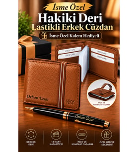 HKY İsme Özel Hakiki Deri Lastikli Erkek Cüzdan / İsme Özel Kalem Hediyeli (Taba)