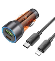 HOCO NZ12A Action PD43W USB + Type-C Araç Çakmaklık Hızlı Şarj Aleti + Type-C to iPhone Lightning Ka (Turuncu)