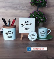 Damat Hediye Seti Dekoratif Taş, Kalemlik, Ahşap Altlıklı Türk Kahvesi Fincanı, Ahşap Anahtarlık Hediye (Model 9)