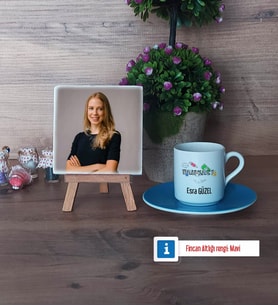 Bankacıya Hediye Fotoğraflı Dekoratif Taş, Ahşap Altlıklı Türk Kahvesi Fincanı Hediye (Model 5)