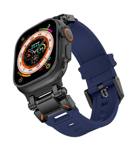 Apple Watch 44mm Titanyum Metal Bağlantı Kitli Silikon Kordon 101 1/2/3/4/5/6/se (Siyah-Mavi)