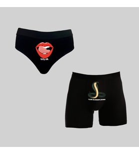 Kutulu Tatlı Dil Yılanı Deliğinden Çıkarır Tasarımlı Kadın Külot ve Erkek Boxer İkili Set (Siyah)