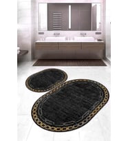 Dijital Baskılı Kaymaz Taban Yıkanabilir Oval 2'li Klozet Takımı Banyo Paspası NOKZ-HT-899 (Siyah)