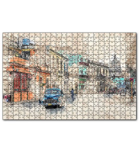 Cakapuzzle Küba Sokak Manzarası Çizim  Puzzle Yapboz MDF (Ahşap) (500 Parça)