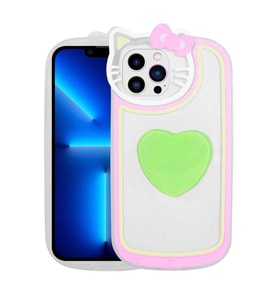 Uyumlu Model Apple iPhone 13 Pro Kılıf Kedi Figürlü Pop Soketli Kapak (Yeşil)
