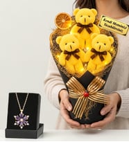 Doğum Günü Hediyesi Kişiye Özel Led Işıklı Peluş Ayıcık Buketi (Sarı) ve Gerçek Ametist Taşlı Lotus Kolye