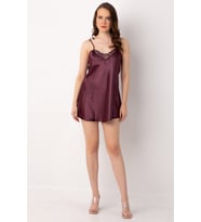 Miorre İnce Askılı Güpürlü Mini Saten Gecelik (Eflatun)