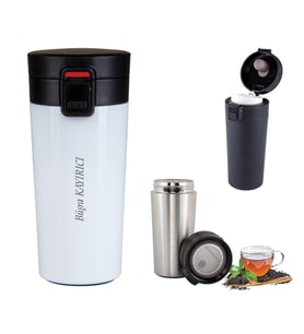 İsme Özel Premium Çelik Termos Bardak Kilitli Kapaklı 350 ML (Beyaz)