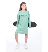 Toontoy Kız Çocuk Bisiklet Yaka Düşük Kol Yazı Baskılı Elbise (Yeşil)