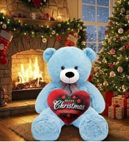 Christmas Temalı Kalp Yastık Hediyeli - Papyonlu Sevimli Peluş Şaşkın Ayı 80 cm - Sevgiliye Özel HEDİYE (Açık Mavi) - Yılbaşı Özel