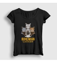 Presmono Kadın Beyaz Bohemian Catsody Queen Kedili T-Shirt 423009tt (Siyah)