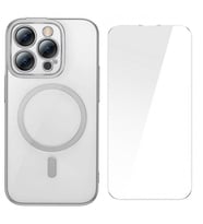 Baseus Glitter iPhone 14 Pro Max 6.7 Magsafe Silikon Kilif + Tempered Ekran Koruyucu Set (Gümüş)