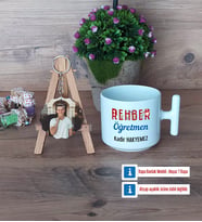 Rehber Öğretmen Kupa Bardak Beyaz ve Fotoğraflı Ahşap Anahtarlık Hediye (Model 12)
