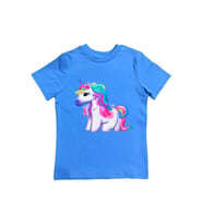 Unicorn baskılı pamuklu penye kumaş yazlık çocuk tişört (Mavi)