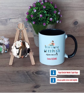 Kadın Türk Dili ve Edebiyatı Öğretmenine Hediye Kupa Bardak Beyaz ve Fotoğraflı Ahşap Anahtarlık Hediye (Model 11)