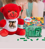 Kişiye Özel Peluş Kırmızı Ayıcık Ve Renkli Micro Blocks Lego (Yeşil)