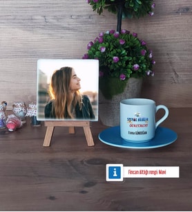 Sosyal Bilgiler Öğretmeni Fotoğraflı Dekoratif Taş, Ahşap Altlıklı Türk Kahvesi Fincanı Hediye Öğretmenler Günü Hediyesi (Model 5)