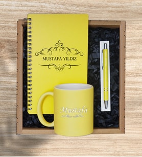 Kişiye Özel Pastel Renkli Ahşap Defter Kalem Kupa Seti 5 (Model 4)