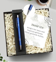 Hediye Kutusunda Kişiye Özel Gümüş Detaylı Tükenmez Kalem (Mavi)