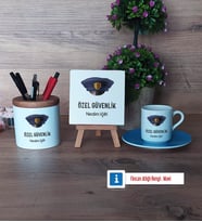 Özel Güvenlik Görevlisi Hediye Seti Dekoratif Taş, Kalemlik, Ahşap Altlıklı Türk Kahvesi Fincanı Hediye (Model 5)