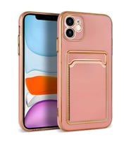 Apple iPhone 12 Kılıf Bark Kartlıklı Kenarları Altın Renk Kılıf (Rose)