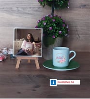 İsme Özel İsim Yazılı Fotoğraflı Dekoratif Taş, Ahşap Altlıklı Türk Kahvesi Fincanı Hediye (Model 9)