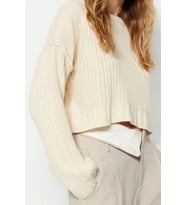 Stil Modern Kadın Crop Standart Kol Bisiklet Yaka Süper Triko Kazak (Ekru)