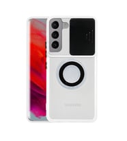 SM Galaxy S21 Plus - S30 Plus Kilif Sürgülü Kamera Lens Korumali Yüzük Standli Silikon Kilif (Siyah)