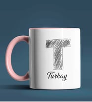 Kişiye Özel T Harfi Temalı Kara Kalem Tasarım Siyah Renk Kupa (Pembe)