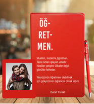 Öğretmenler Gününe Deri Özel Defter + Ahşap Çerçeve Hediye (Kırmızı)